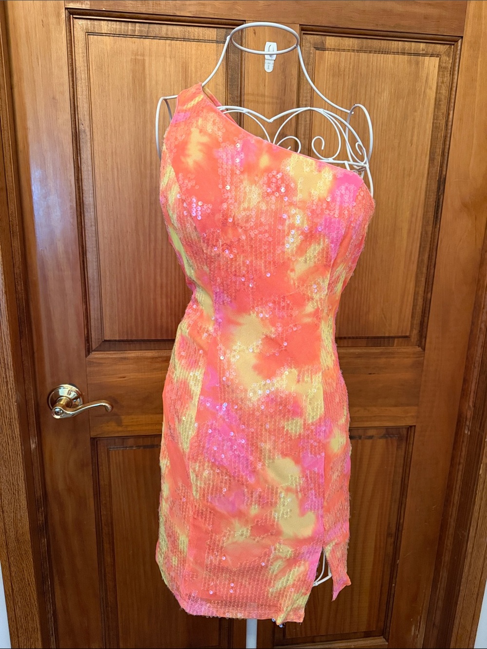 Clarissa cocktail One-Shoulder Neon Tie-Dye Sequin Bodycon Dress - Pink/Orange